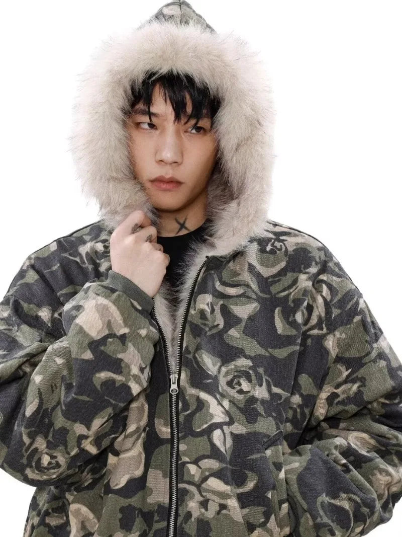 Warm Camouflage Faux Fur Hooded Parka Jacket