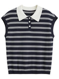 Women Casual Striped Knit Sleeveless Button Collar T-Shirt