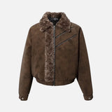 Retro High Street Spliced Fur Collar Zipper Jacket