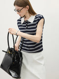 Women Casual Striped Knit Sleeveless Button Collar T-Shirt