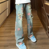 Retro Peony Flower Jacquard Ripped Jeans