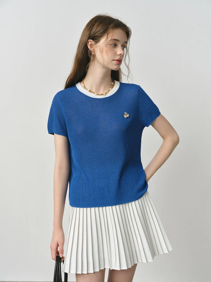 Women Retro Casual Blue Nautical Style Knit T-Shirt