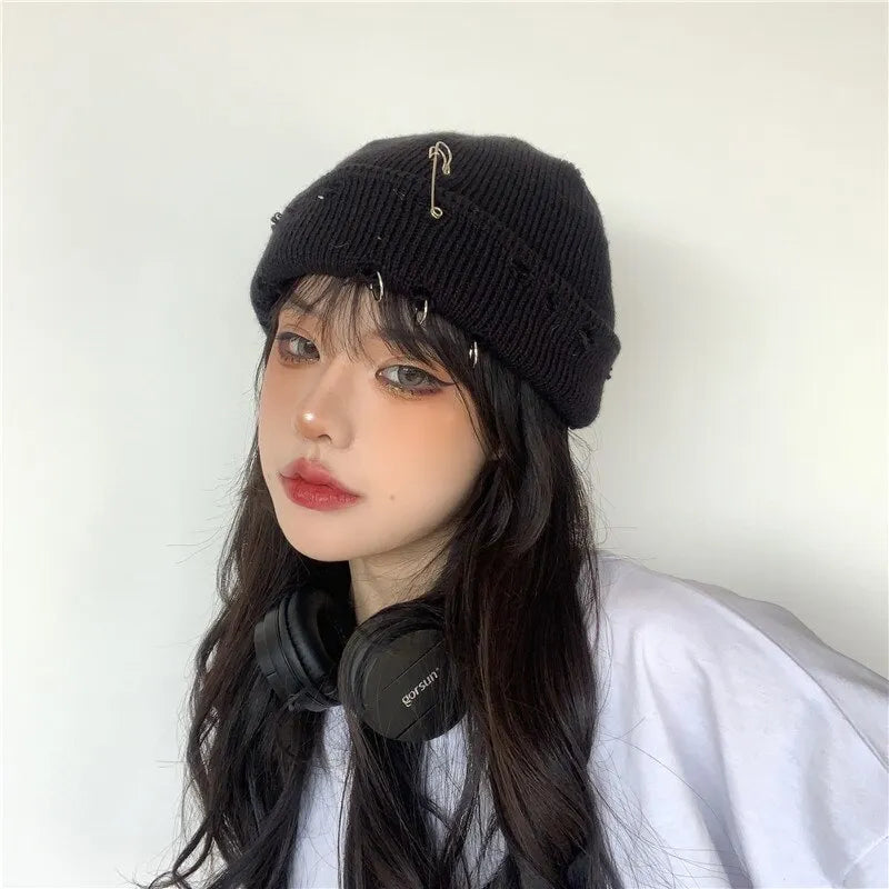 Y2K Knitted Ripped Pierced Beanie
