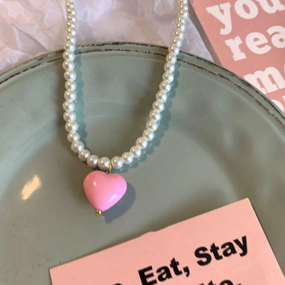 Handmade Pink Heart Pendant Pearl Necklace