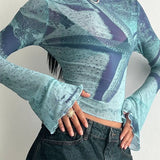 Women Blue Flare Sleeve Crop T-Shirt