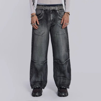 Vintage Wing Pattern Baggy Wide Leg Jeans