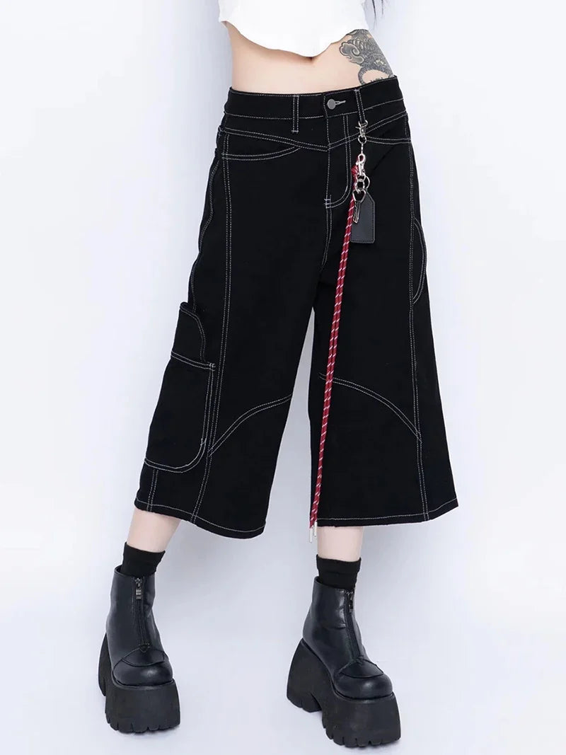 Patchwork Black Retro Wide Leg Jorts