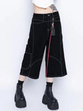 Patchwork Black Retro Wide Leg Jorts