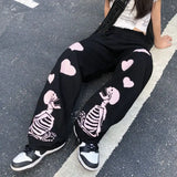 Skulls Print Loose Hearts Wide Leg Pants