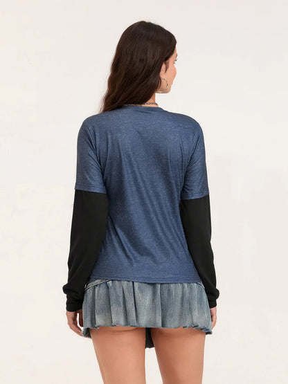 Women Patchwork Gothic Crew Neck T-Shirt