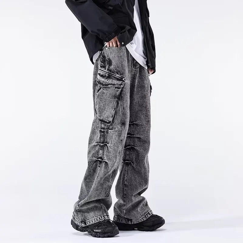 Minimal Look Gray Pleated Cargo Jeans