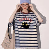 Women Retro Hip Hop Stylish Black Cat Print Striped T-Shirt