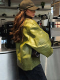 Women Casual Chic Green Lapel Collar PU Leather Jacket