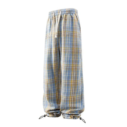 Plaid Drawstring Straight Pants