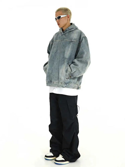 Breathable Patchwork Blue Wash Denim Hoodie