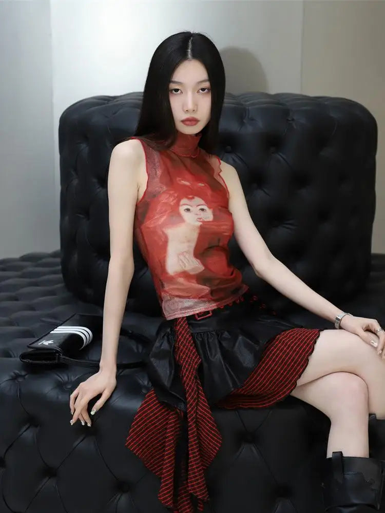Bold Red Mesh Graphic Tank T-Shirt