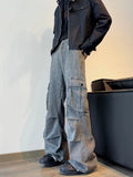 Y2K Streetwear Vintage Cyber Gray Pleated Baggy Jeans