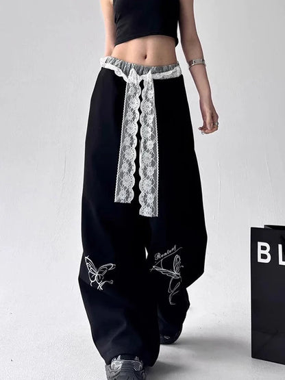 Y2K Vintage Butterfly Cool Lace Patchwork Sweatpants