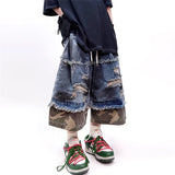 Retro Camouflage Splicing Denim Jorts