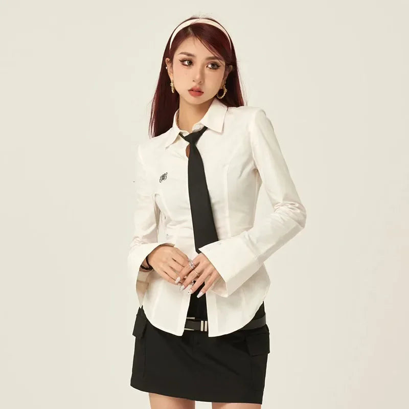 Women Stylish Trendy White Slim Fit Tie Shirt