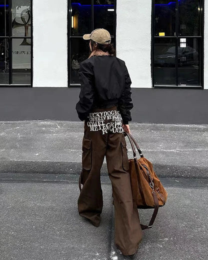 Academia Style Wide Fit Grunge Denim Cargo Jeans