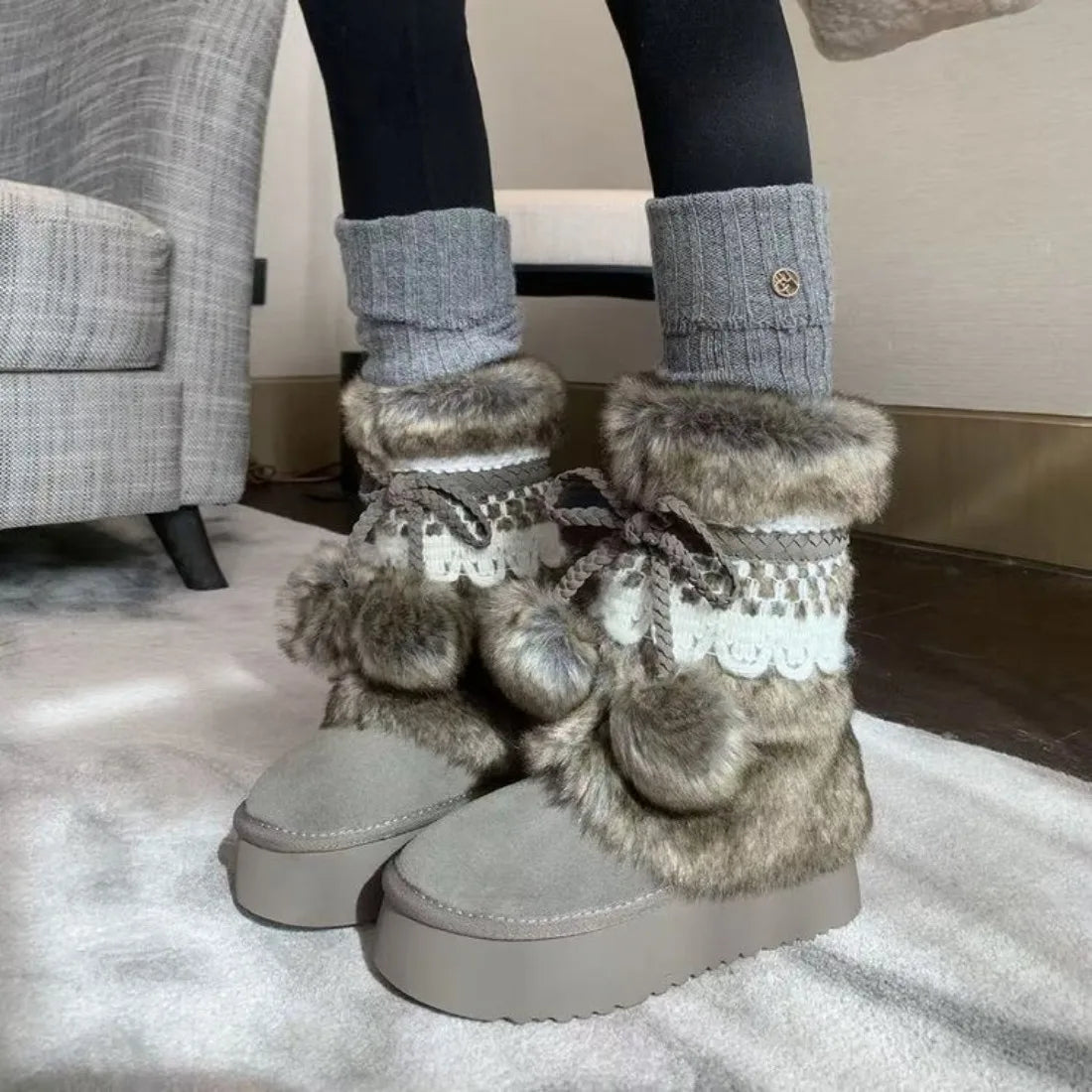 Winter Fluffy Faux Fur Snow Boots