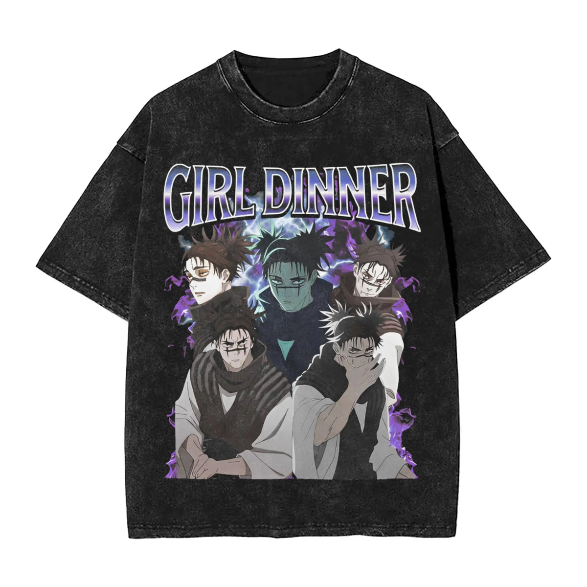 Anime Girl Dinner Print Washed T-Shirt