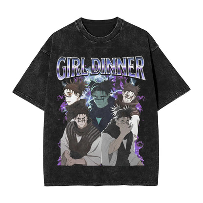 Anime Girl Dinner Print Washed T-Shirt
