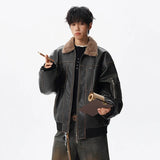 Patchwork Padded Faux Fur Collar Leather Jacket