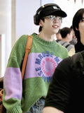 Green Circular Slogan Round Neck Sweater