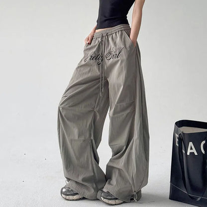 Gray Parachute Letter Embroidery Cargo Pants