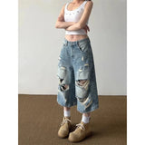 Streetwear Comfort Distressed Wide Leg Denim Jorts