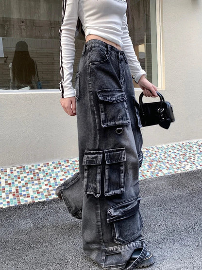 Black Washed Streetware Baggy Cargo Jeans