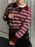 Streetwear Vintage Striped Knitted Polo Collar T-Shirt