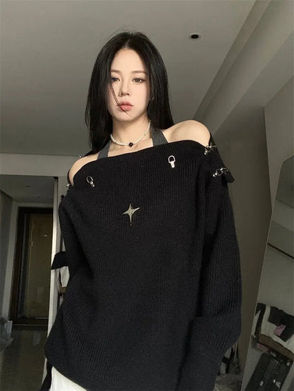 Star Loose Off Shoulder Sweater