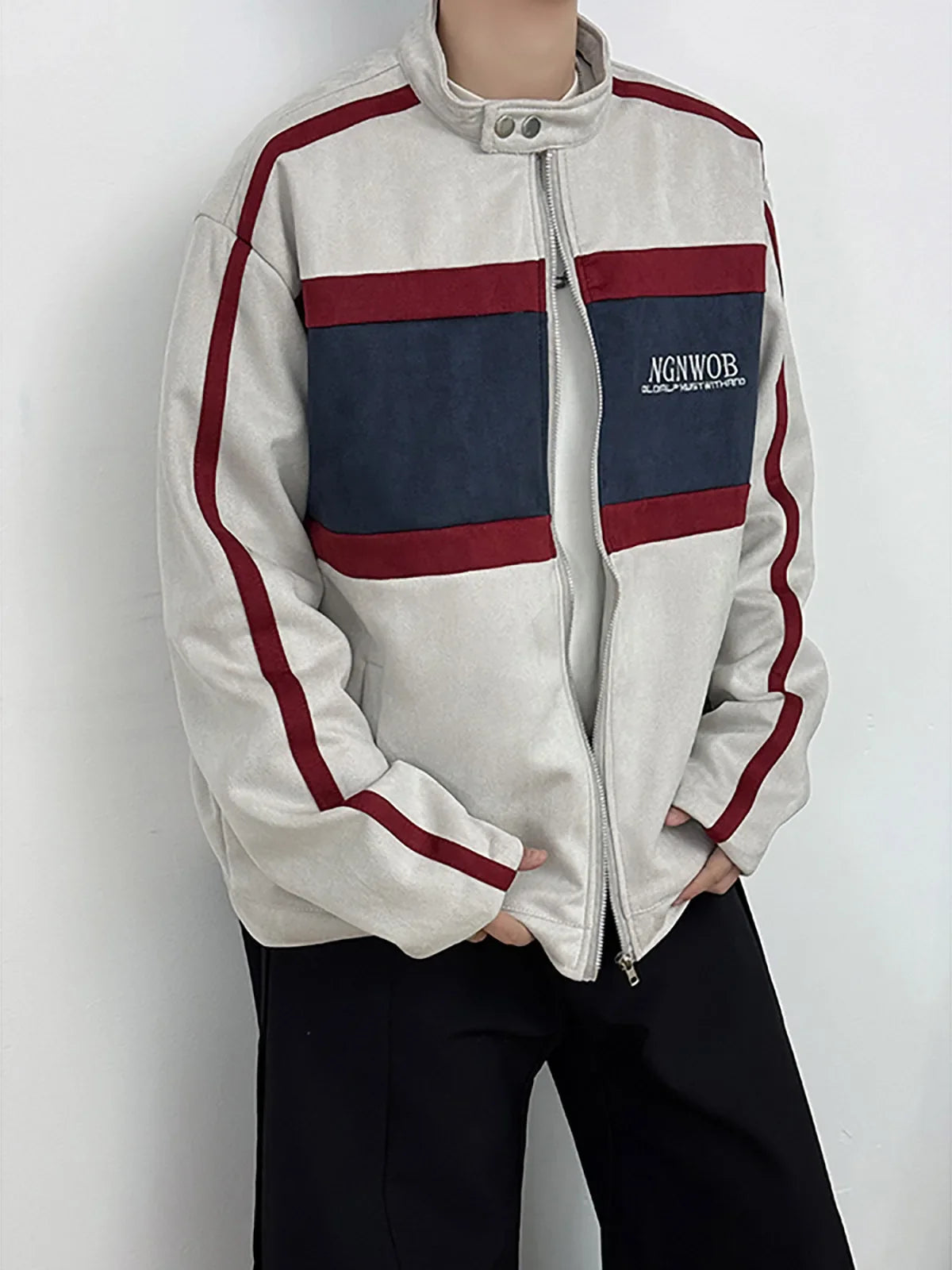Vintage Contrast Motorcycle Suede Bomber Jacket