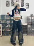 Women Retro Vintage Lace Up High Waist Jeans