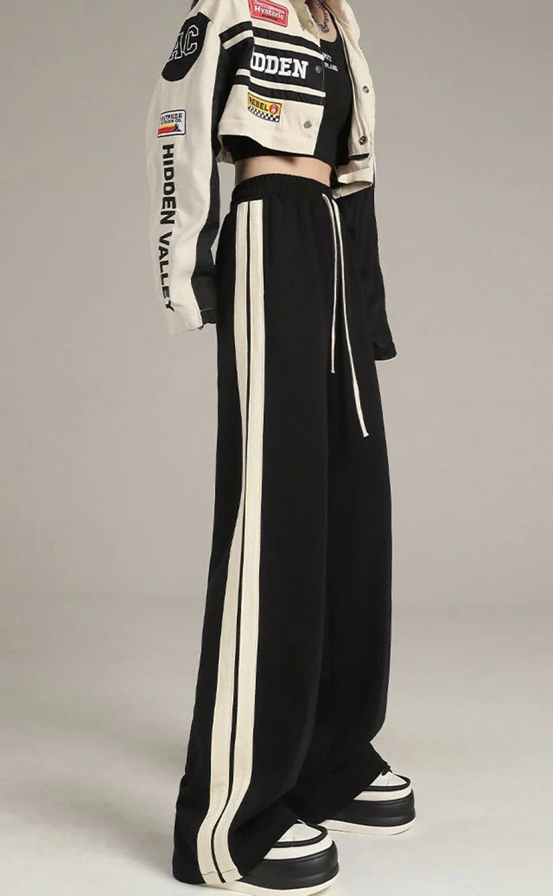 Women Cute Striped High Waist Wide Leg Sweatpants