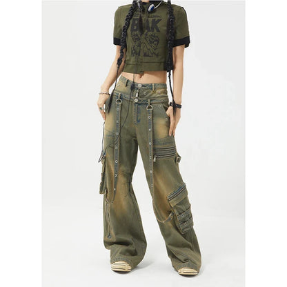 Streetwear Y2K Belted Vintage High Waist Straight Jeans