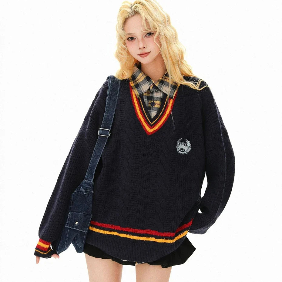 Oversized Varsity Patchwork Double Layers Knit Sweater