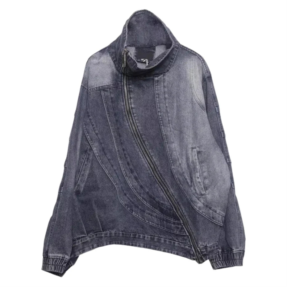 Blue Irregular Zipper Denim Jacket