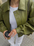 Women Casual Chic Green Lapel Collar PU Leather Jacket