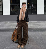Academia Style Wide Fit Grunge Denim Cargo Jeans