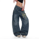Women Embroidered American Style Retro Straight Jeans