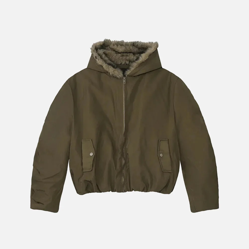 Retro Solid Color Thicken Hooded Fur Jacket