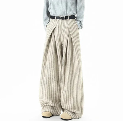 Striped Solid Color Woolen Pleated Wide Leg Pants