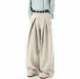 Striped Solid Color Woolen Pleated Wide Leg Pants