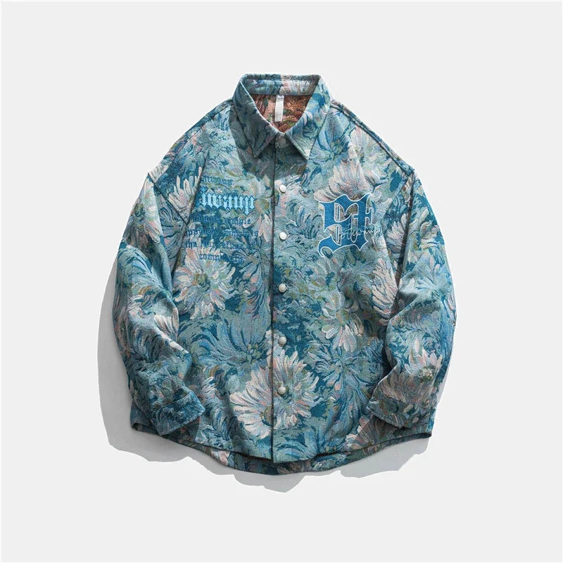 Trendy Gothic Daisy Print Varsity Jacket
