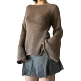 Model wearing the brown Bell Sleeve Knit Sweater