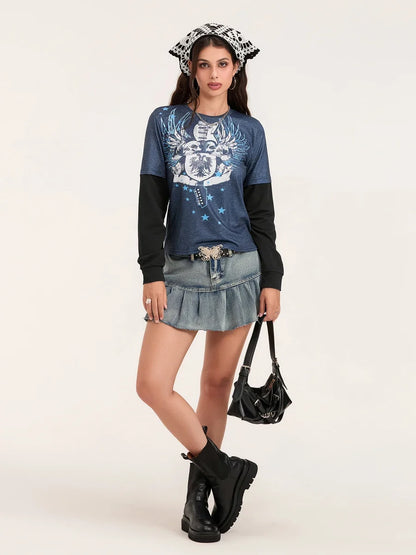 Women Patchwork Gothic Crew Neck T-Shirt